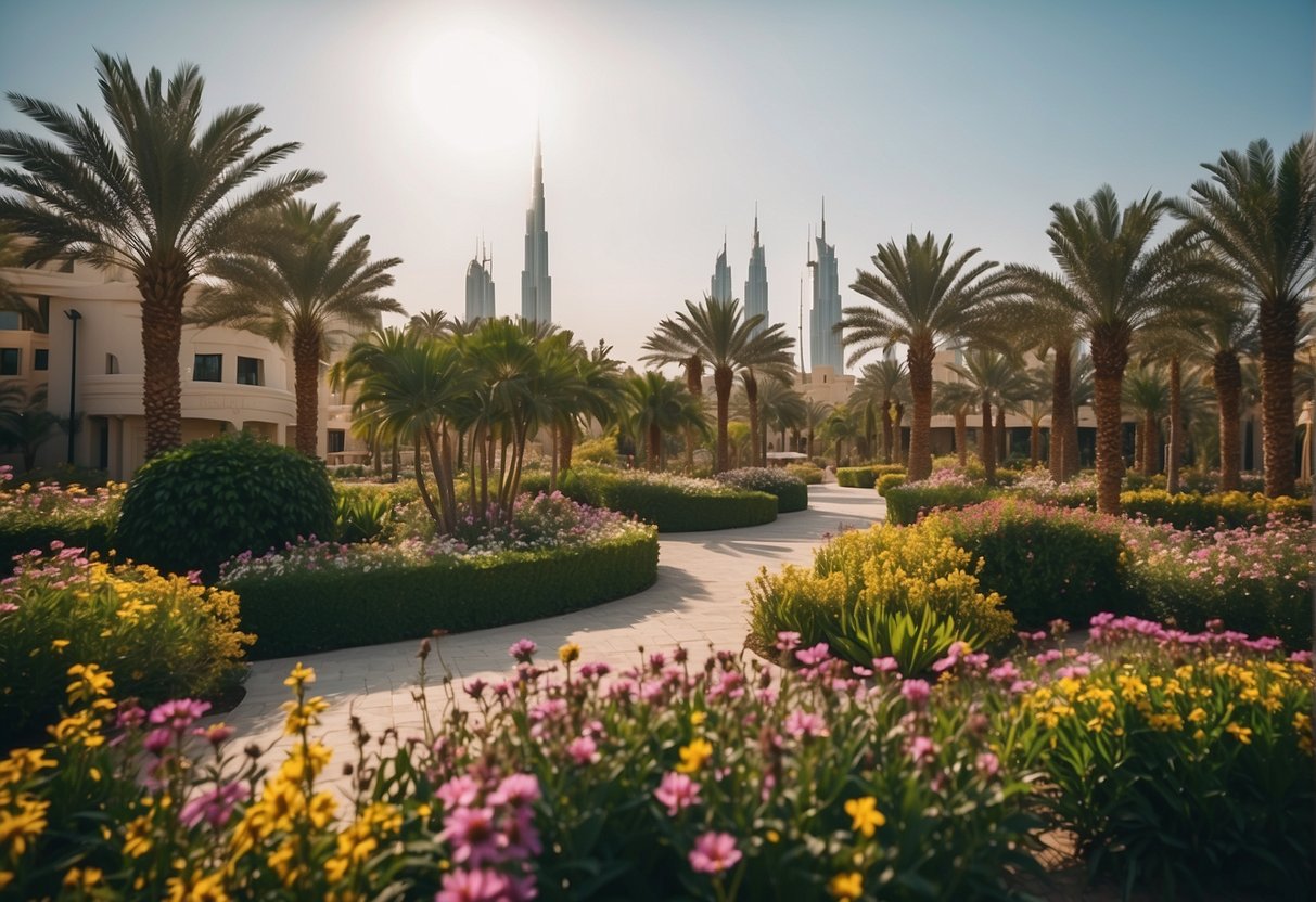 Lush gardens and natural landscapes in Dubai, with vibrant flowers and exotic plants, surrounded by modern architecture and stunning city views
