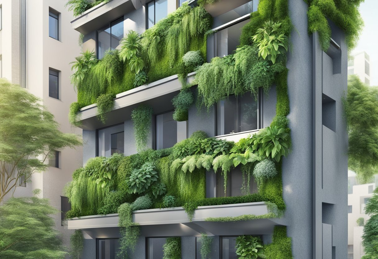 Um exuberante jardim vertical adorna a selva urbana, com folhagens verdes caindo em cascata pelas paredes, criando um toque de natureza na selva de concreto