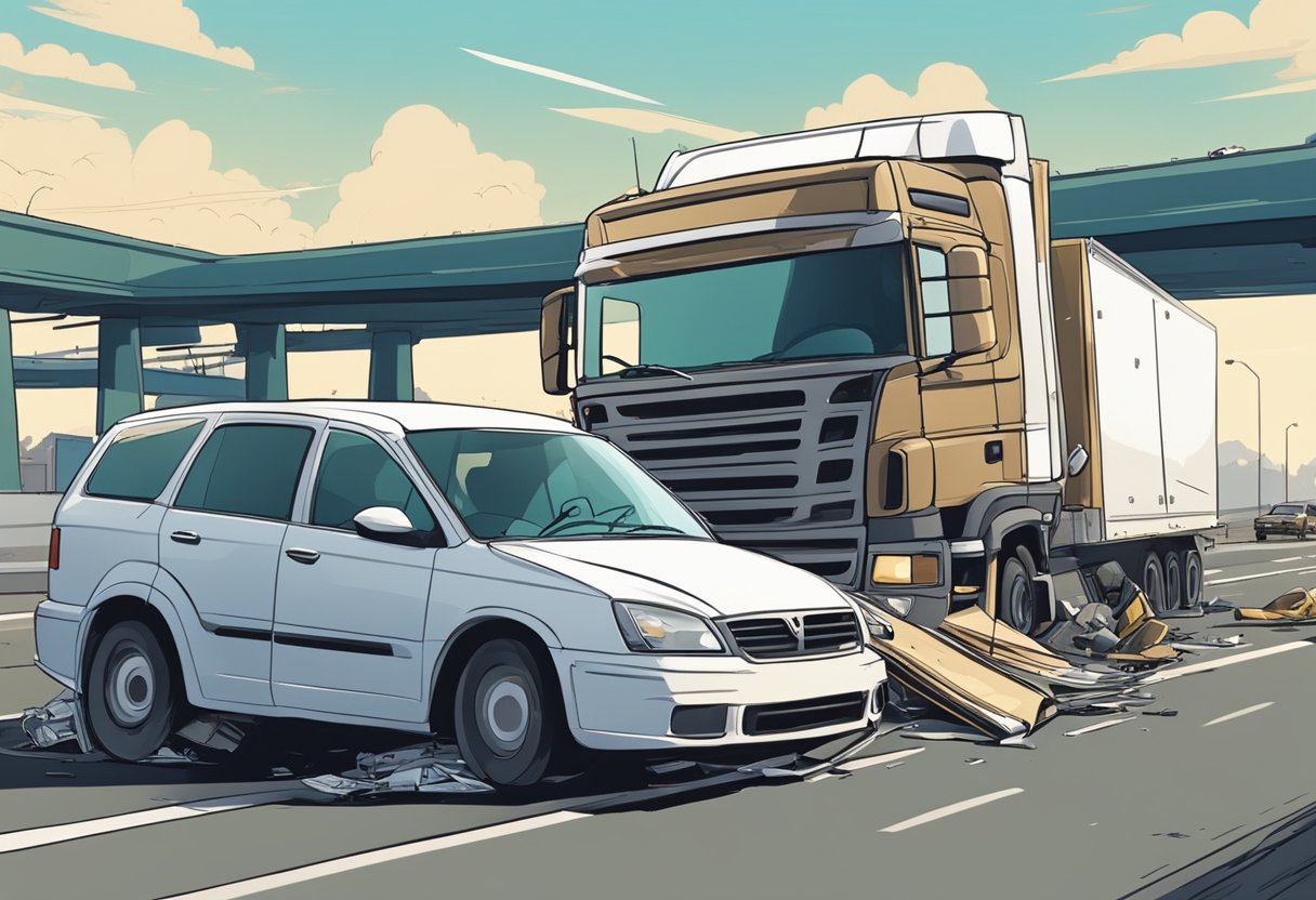 A truck collides with a smaller vehicle on a busy highway, causing significant damage. A lawyer examines the scene, taking notes and photographs for evidence