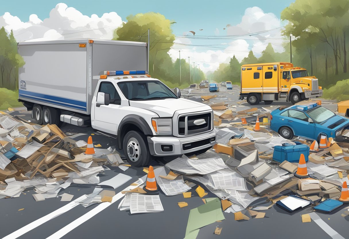 A damaged truck on a busy highway, surrounded by emergency vehicles and debris. Legal documents and a briefcase are scattered on the ground