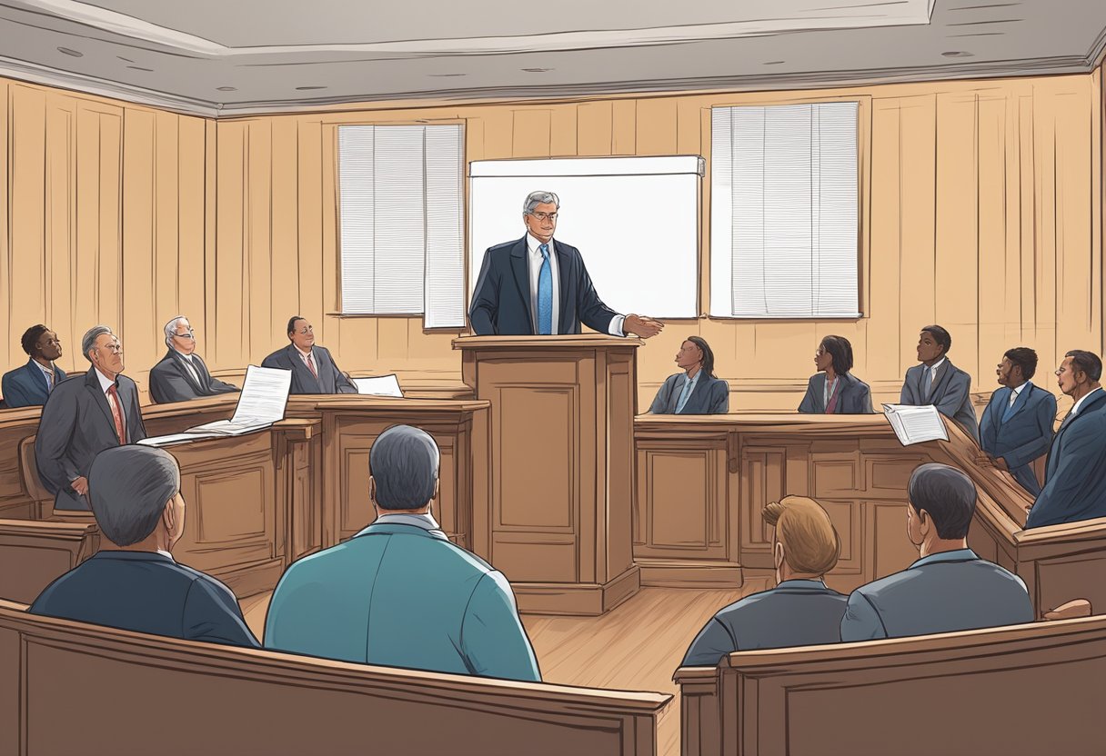 A truck accident lawyer stands in a courtroom, presenting evidence to a judge and jury. Documents and legal briefs cover the table in front of them