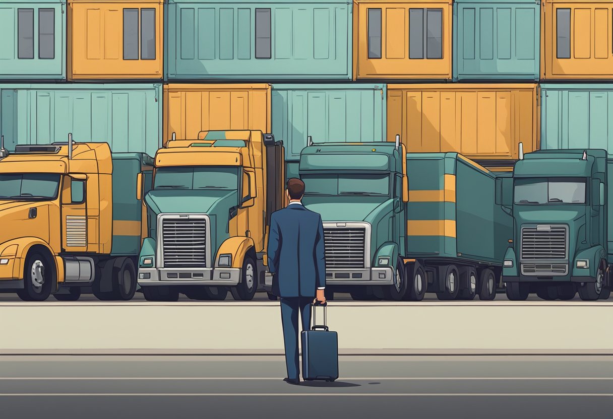 A truck accident lawyer confidently standing in front of a line of trucks, holding a briefcase and looking determined