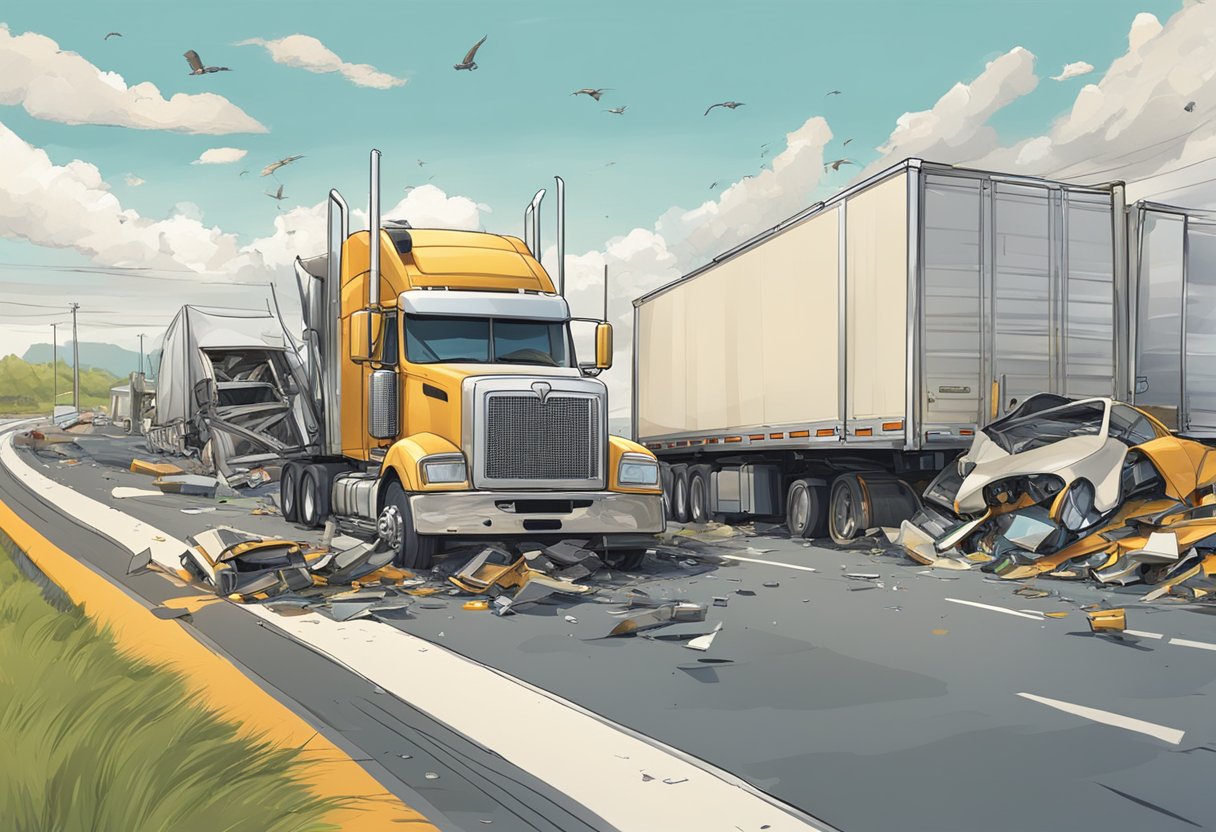 A truck collides with a smaller vehicle on a busy highway, causing debris to scatter and traffic to come to a standstill
