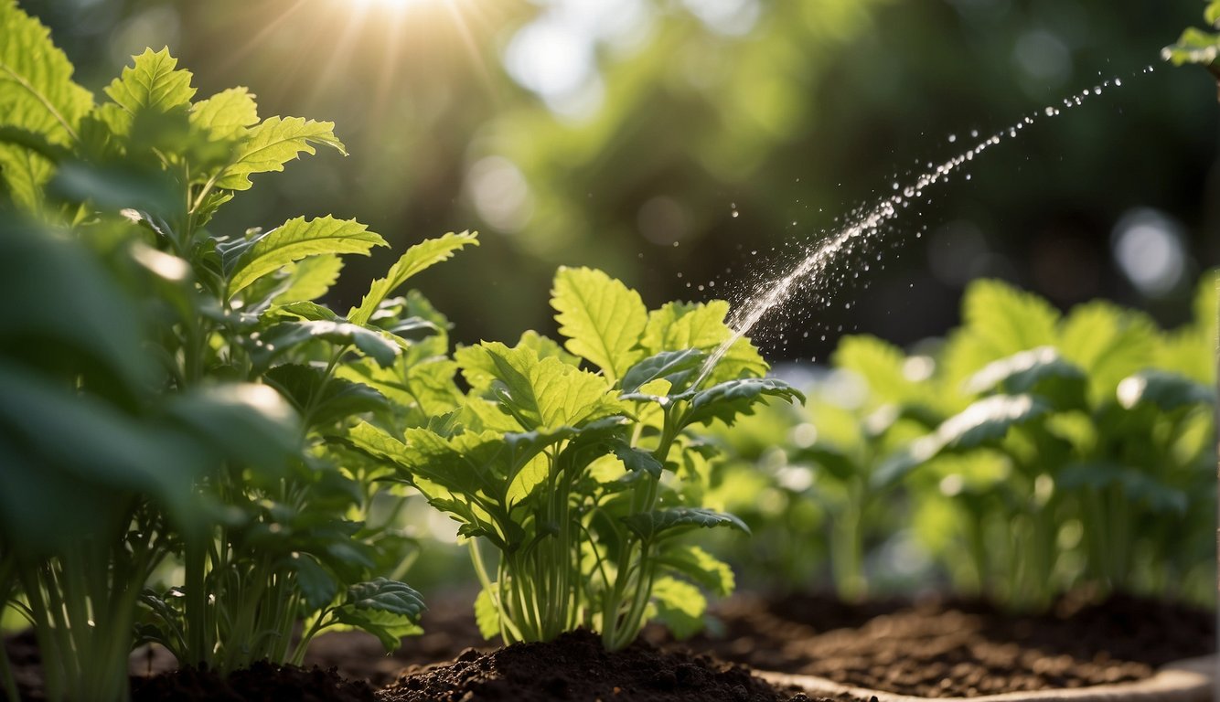 Lush green vegetable garden with vibrant, healthy plants. Neem oil being sprayed onto the leaves, protecting them from pests and promoting growth