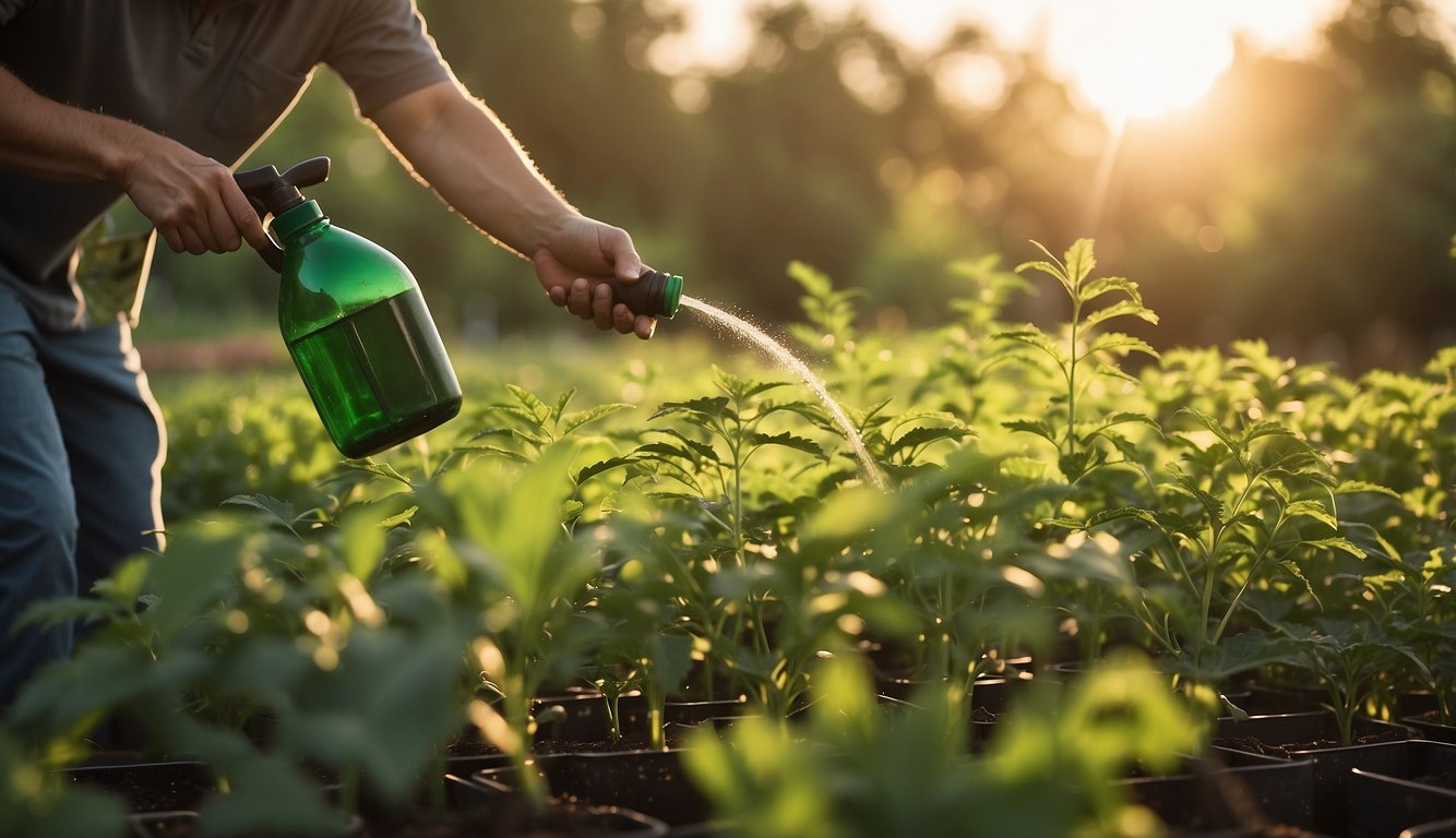 A gardener applies neem oil to vegetables with a spray bottle. The sun is setting, casting a warm glow on the garden