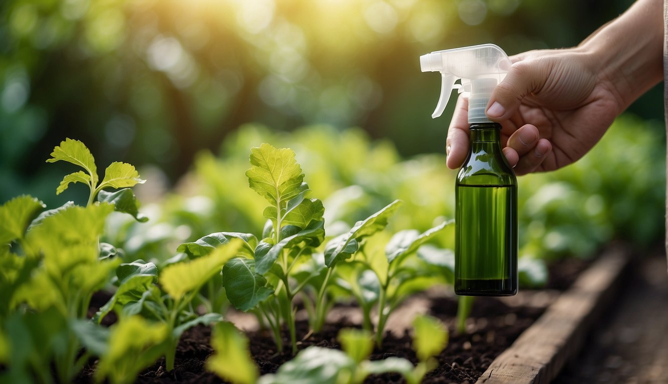 A hand holding a spray bottle applies neem oil to healthy, green vegetables in a garden