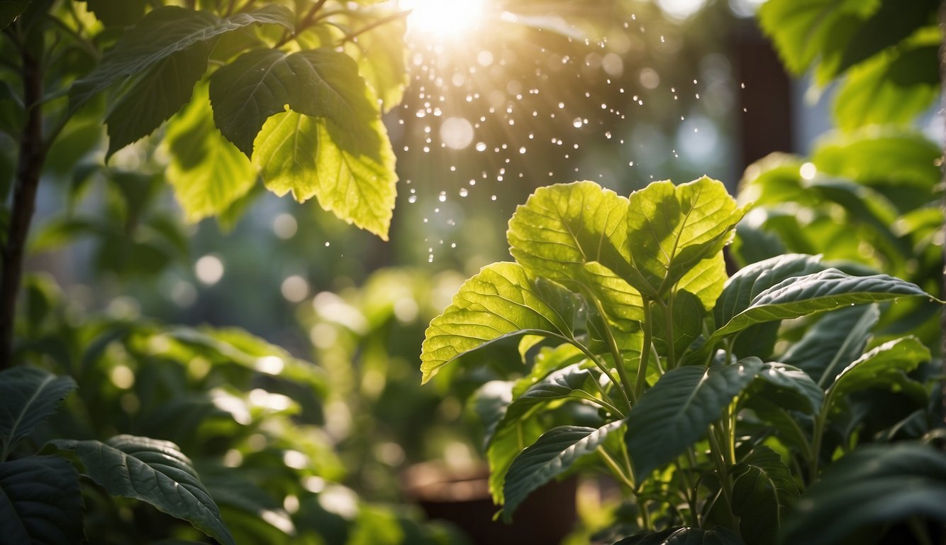 Lush garden with vibrant, healthy vegetable plants being sprayed with neem oil. Sunlight illuminates the leaves, creating a peaceful and nurturing atmosphere