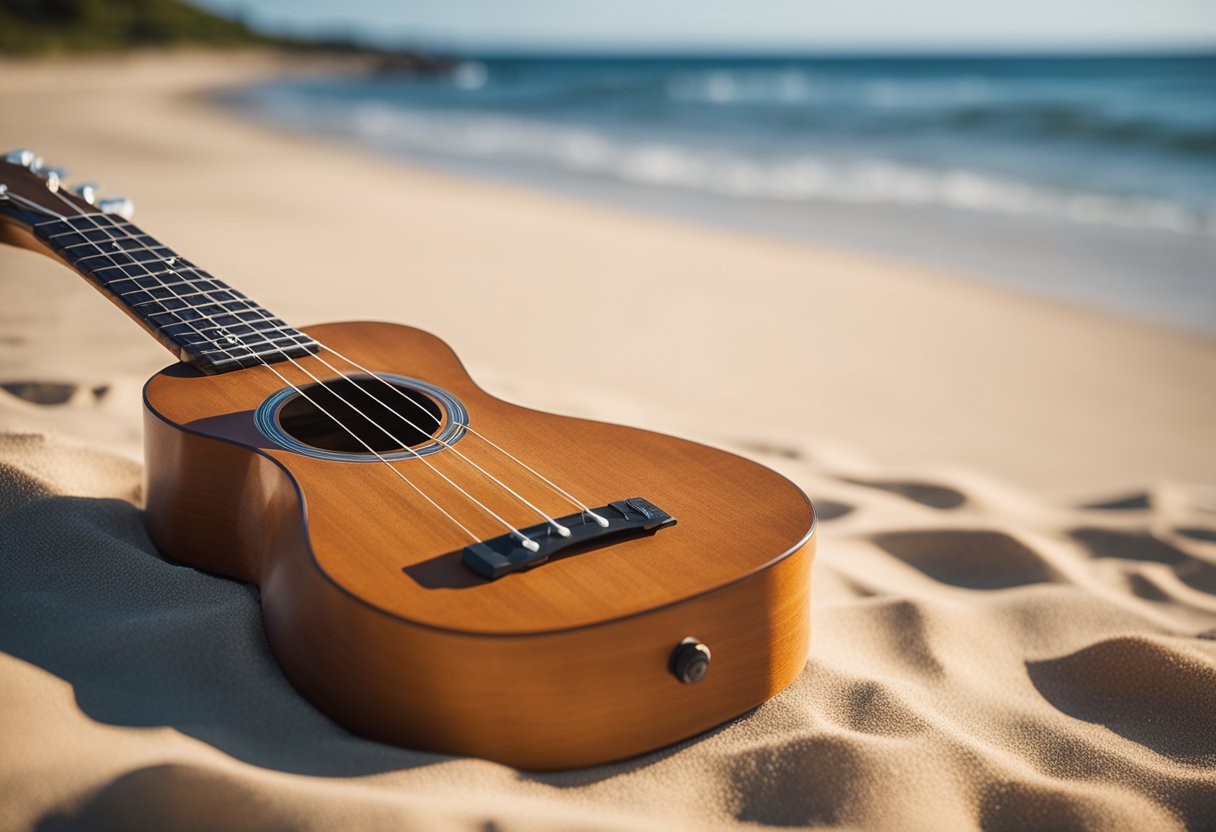 A ukulele sitting on a sandy beach, with waves gently crashing in the background under a clear blue sky