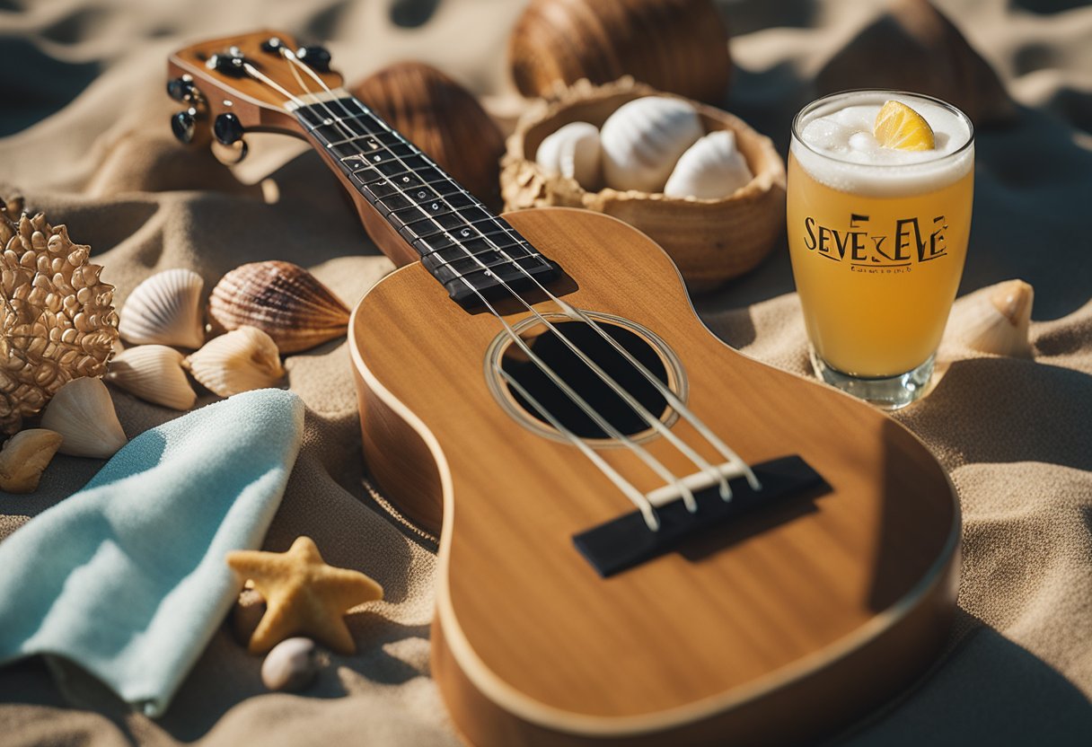 A ukulele with a "Seven É Bom" logo sits on a beach towel, surrounded by seashells and a tropical drink