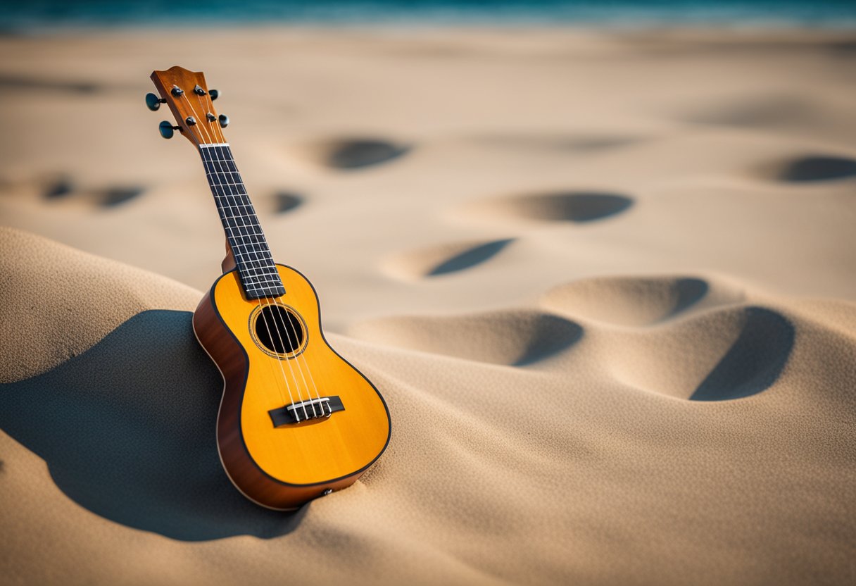 A ukulele with a sleek design and vibrant colors, resting on a sandy beach with the ocean in the background