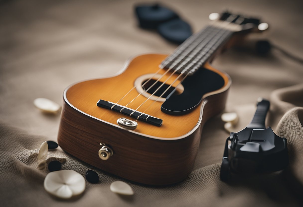 A ukulele sits on a clean, well-lit surface. Accessories like picks and a tuner are neatly arranged nearby, along with a cloth for care