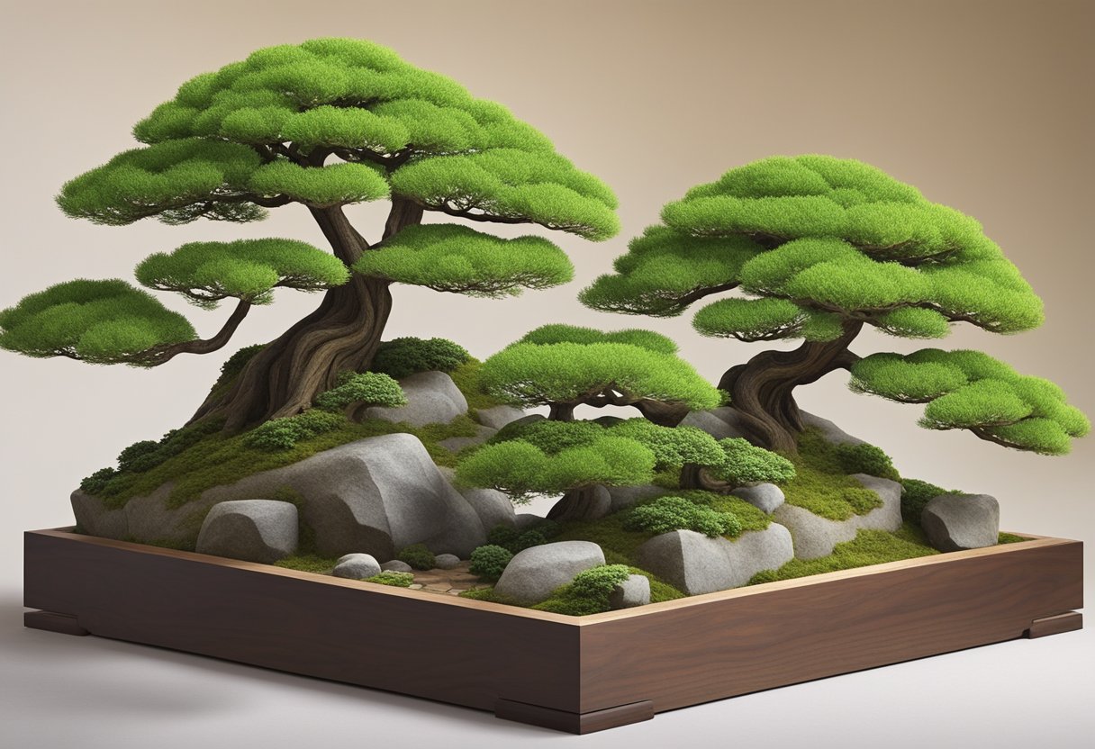 Um jardim tranquilo com árvores em miniatura cuidadosamente podadas, vegetação exuberante e caminhos delicados. Árvores bonsai de vários formatos e tamanhos são expostas em suportes de madeira, criando uma atmosfera serena e harmoniosa