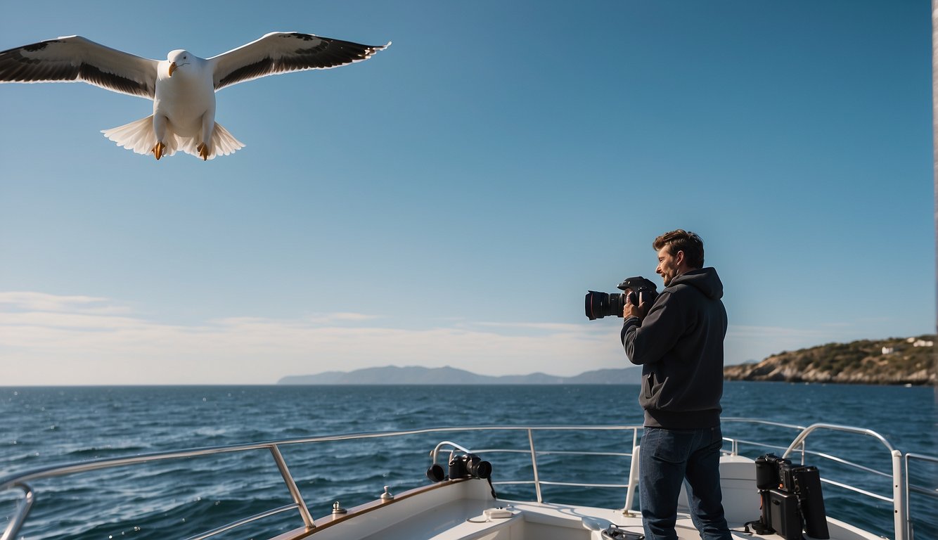 A photographer stands on a boat, holding a professional camera with a long lens, while scanning the horizon for whales. The ocean is calm, with a clear blue sky and a few seagulls flying overhead