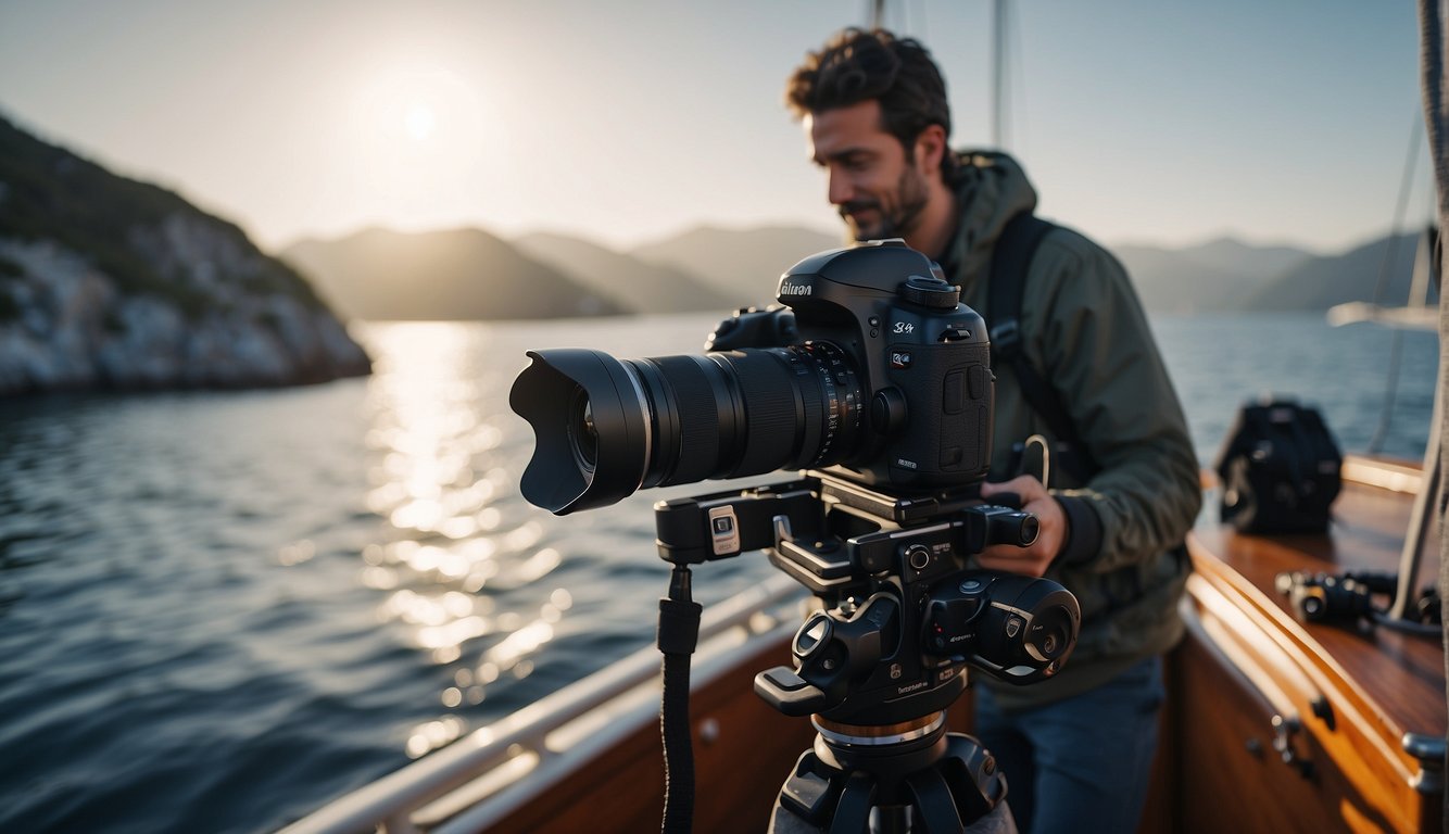 A photographer sets up camera gear on a boat, respecting whale watching guidelines