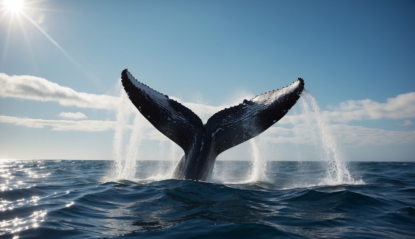 A whale breaching the surface of the ocean, with its majestic body partially submerged in the water, surrounded by a misty spray and a backdrop of a clear blue sky