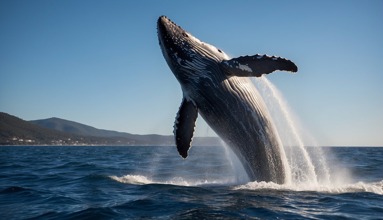 A majestic humpback whale breaches the surface, spraying water as it launches into the air, surrounded by a backdrop of deep blue ocean and a clear, cloudless sky