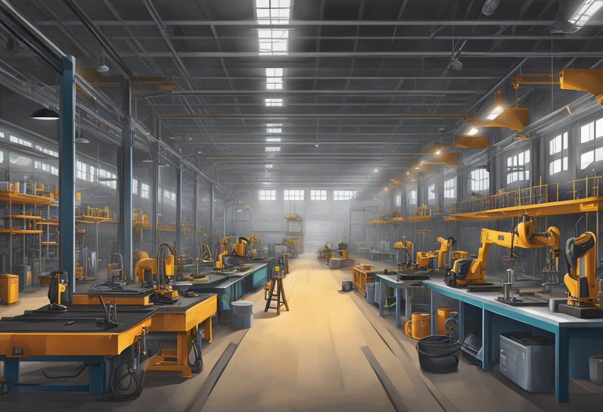 A spacious workshop with various iron workers lined up, each with different features and capabilities. Tools and safety equipment are neatly organized nearby