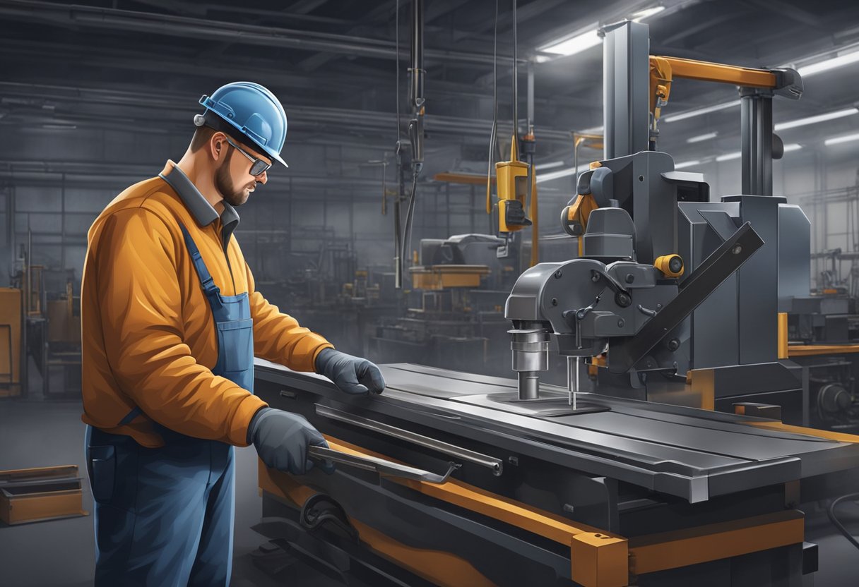 An ironworker stands in a workshop, operating a machine to cut and shape metal. Tools and safety equipment are visible in the background