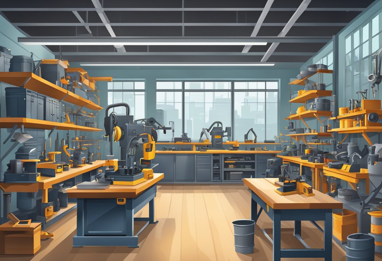 A workshop with various ironworker machines, tools, and accessories displayed on shelves and workbenches. Bright lighting and organized layout