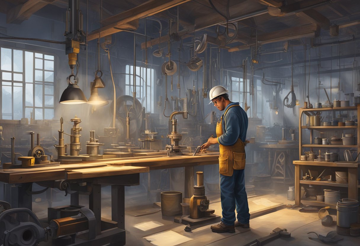 An iron worker stands in a well-lit workshop, surrounded by various tools and equipment. The worker is focused on a piece of metal, demonstrating precision and expertise. The workshop is organized and clean, reflecting a commitment to maintenance and longevity