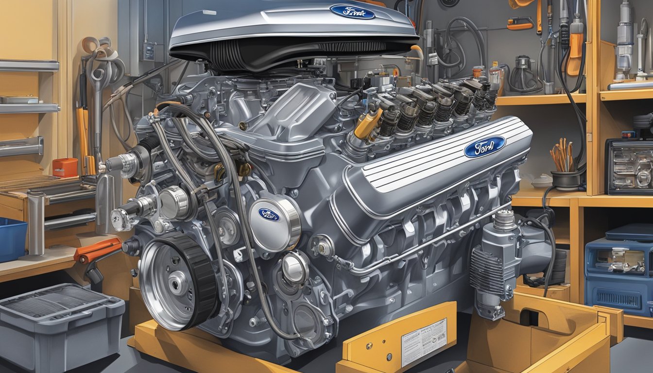 A Ford 4.6L Modular V8 engine sits in a clean, well-lit garage, surrounded by tools and diagnostic equipment. The engine is in pristine condition, with all components neatly arranged and labeled