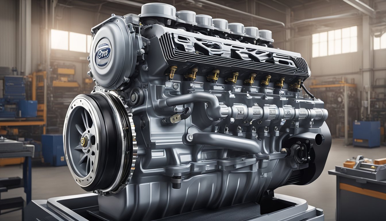 A Ford 6.7 Power Stroke Diesel engine sits in a clean, well-lit workshop. Its components are neatly organized, and the engine exudes power and reliability