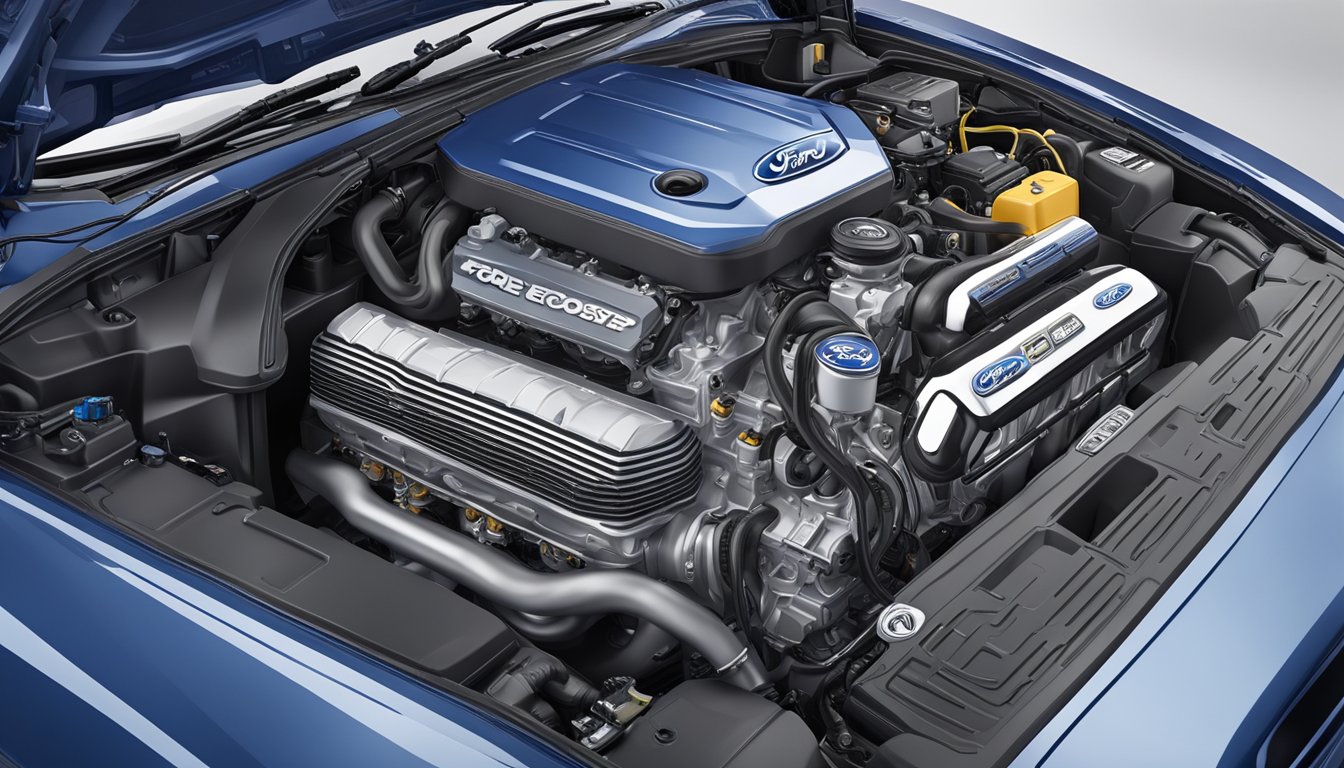 The Ford 2.3L EcoBoost engine sits proudly in the center of the spacious, well-lit engine bay, surrounded by various components and wiring
