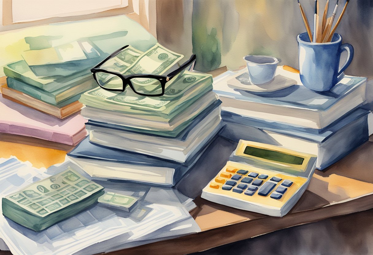 A stack of dollar bills with retirement-related books and calculators on a desk