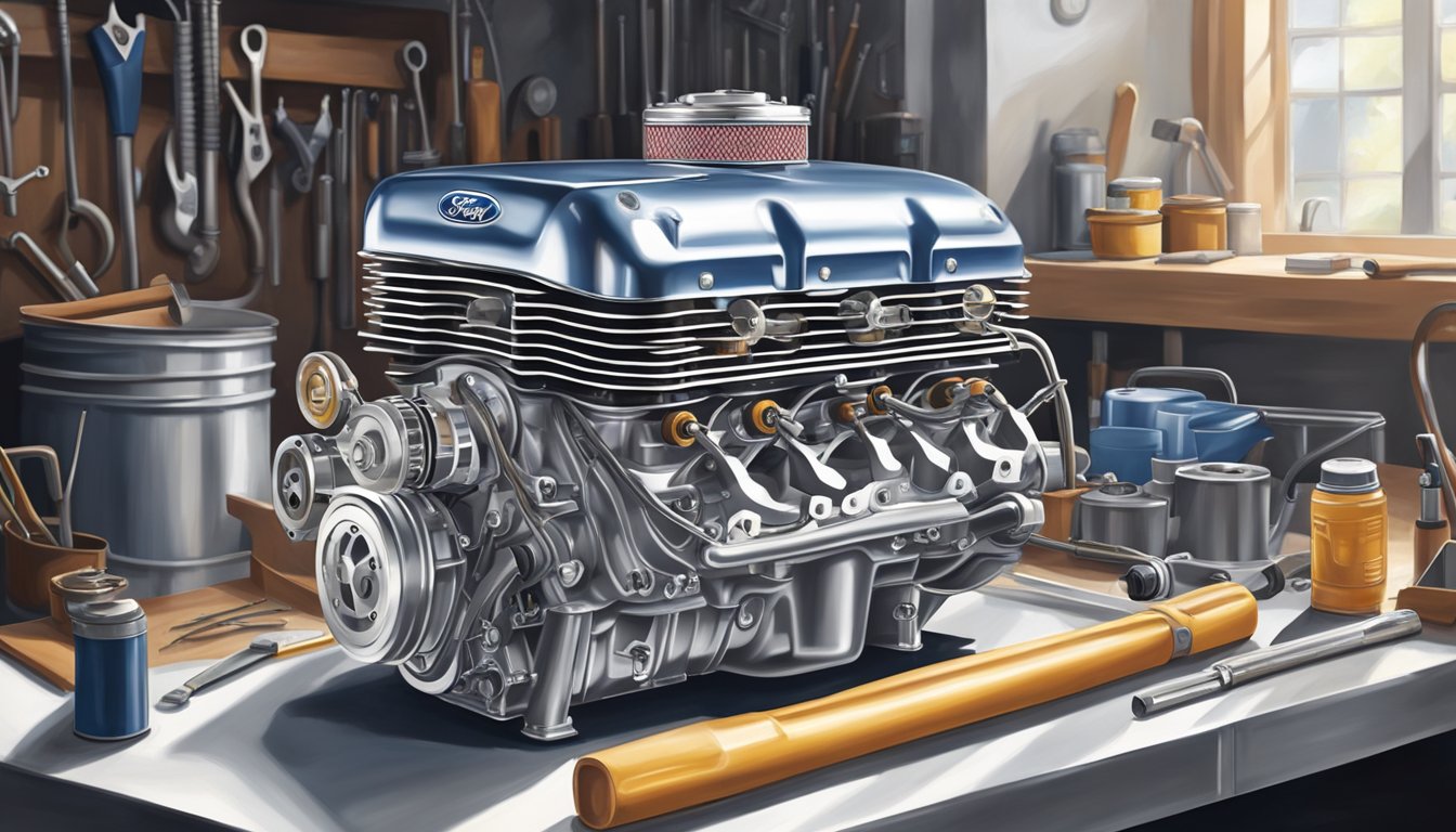 A Ford Cleveland V8 engine sits on a clean, well-lit workbench, its polished metal surfaces gleaming in the light. The engine is surrounded by various tools and equipment, adding to the sense of reliability and durability