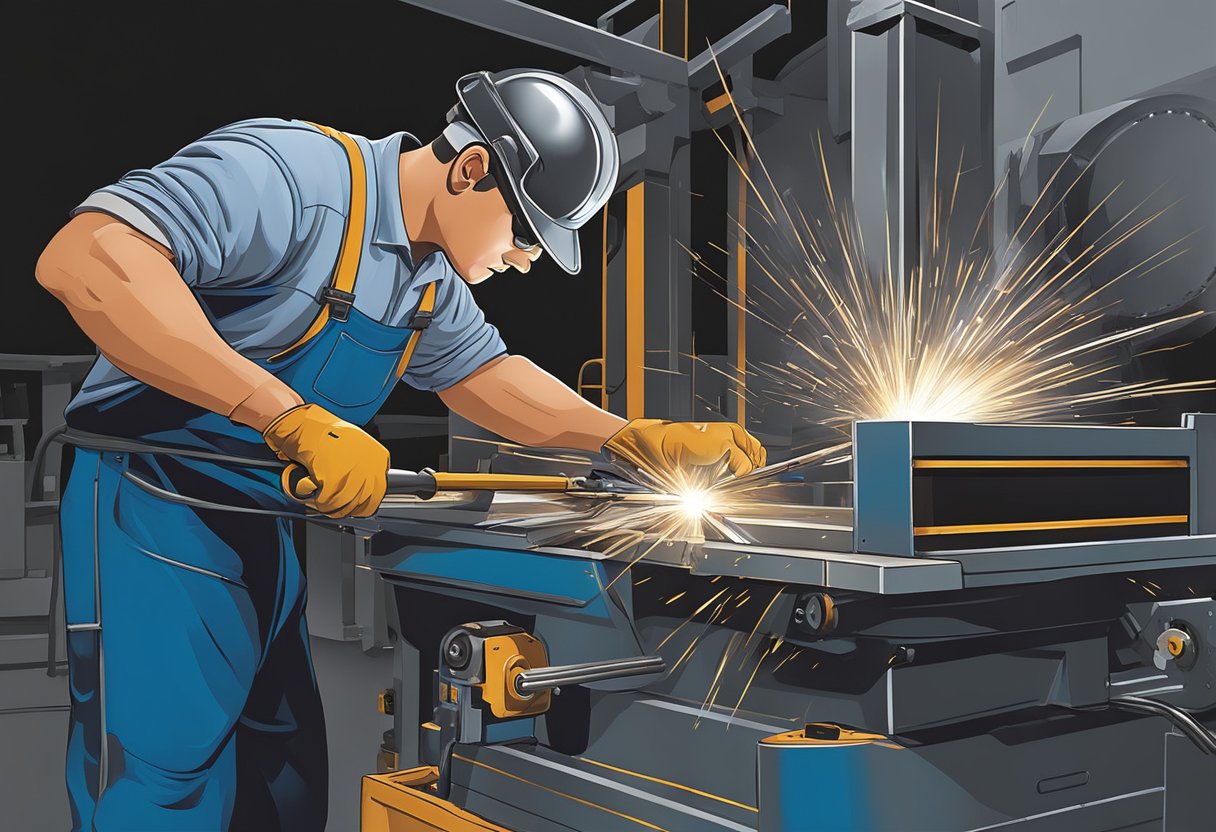 A metalworker operates a METALpro Iron Worker, cutting and shaping metal with precision and accuracy. Sparks fly as the machine effortlessly handles the tough material, creating a dynamic and powerful scene