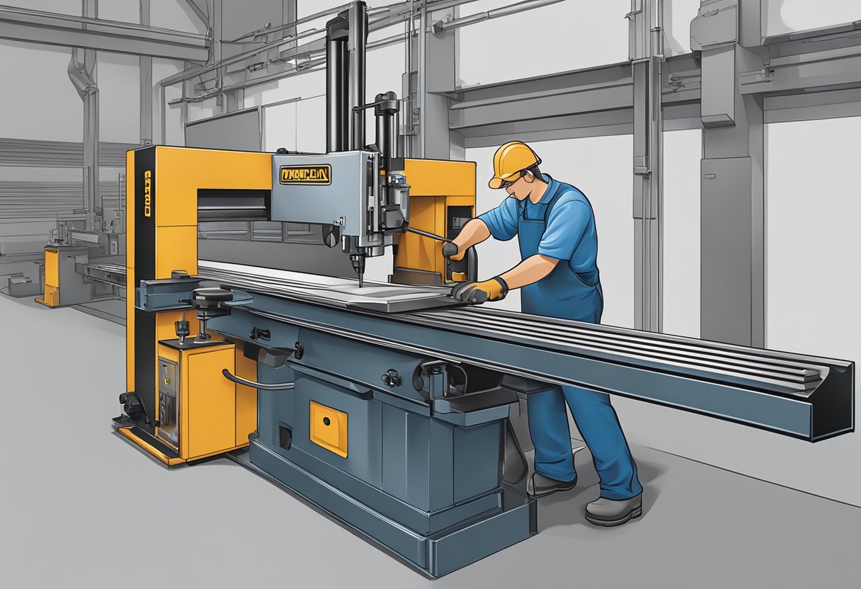 A metal worker operating a METALpro Iron Worker machine, cutting and shaping metal sheets with precision and efficiency