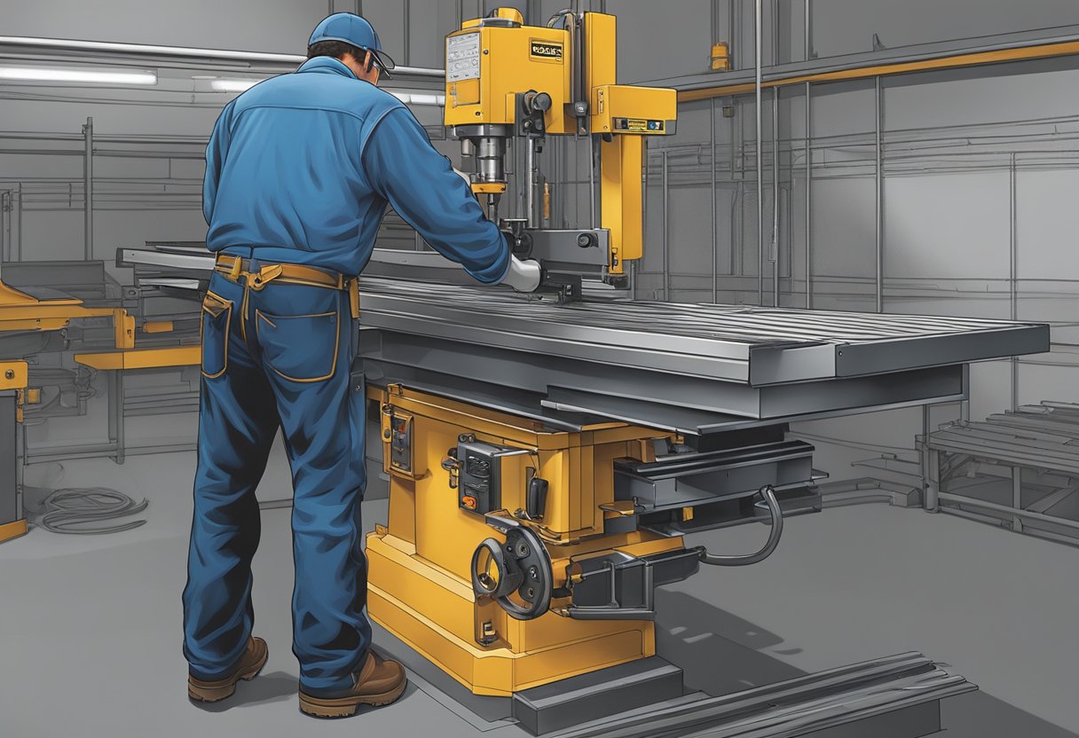 A worker operates the METALpro Iron Worker, cutting and shaping metal with precision and efficiency. The machine's sturdy frame and powerful hydraulics make it the ideal choice for any metal fabrication project