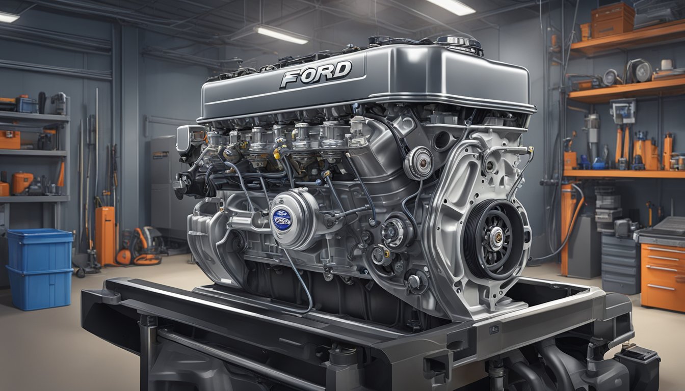 A Ford 6.7L Power Stroke V8 engine sits in a clean, well-lit workshop. The engine is surrounded by tools and diagnostic equipment, with a mechanic's manual open nearby