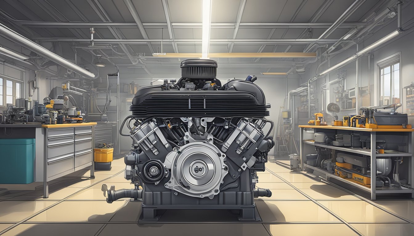 A Ford 6.4L Power Stroke V8 engine sits in a clean, well-lit workshop, surrounded by tools and diagnostic equipment. The engine is in pristine condition, with all components visible and labeled
