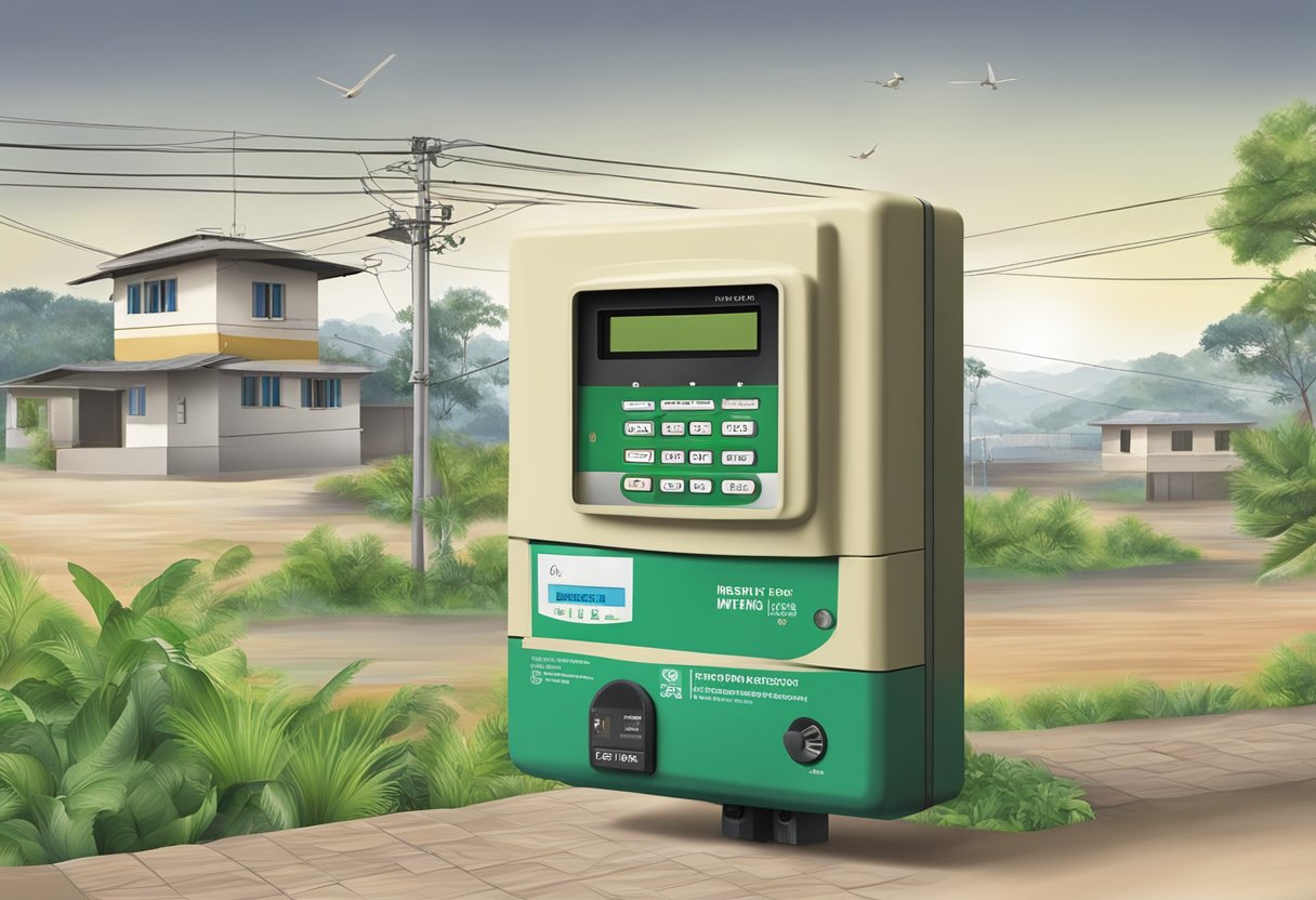 A prepaid meter box with a digital display showing the balance. Nigerian surroundings in the background