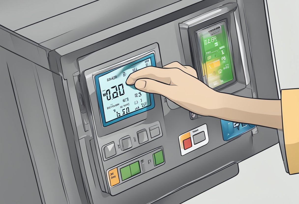 A hand reaches out to press the button on a prepaid meter, while the digital display shows the current balance in Nigeria