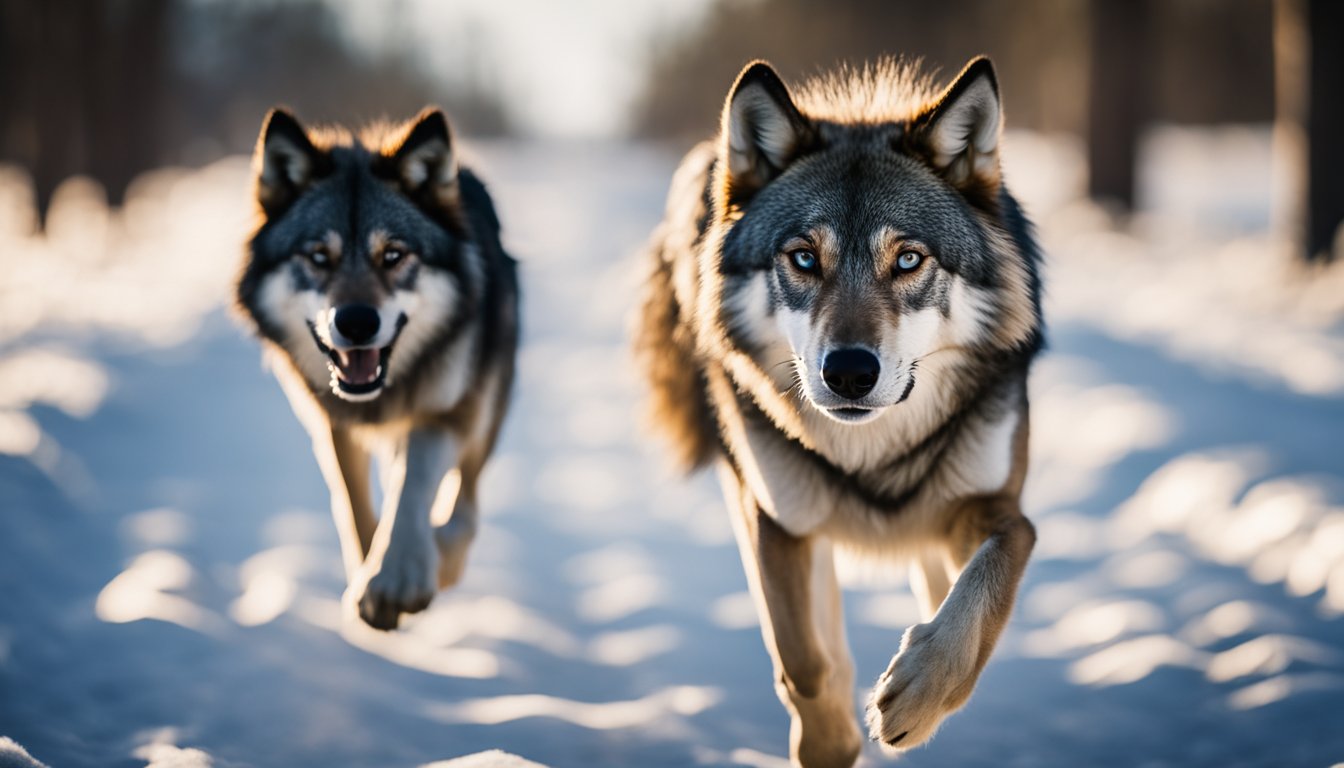 A lone wolf leading the pack, head held high, eyes focused ahead, and a confident stride