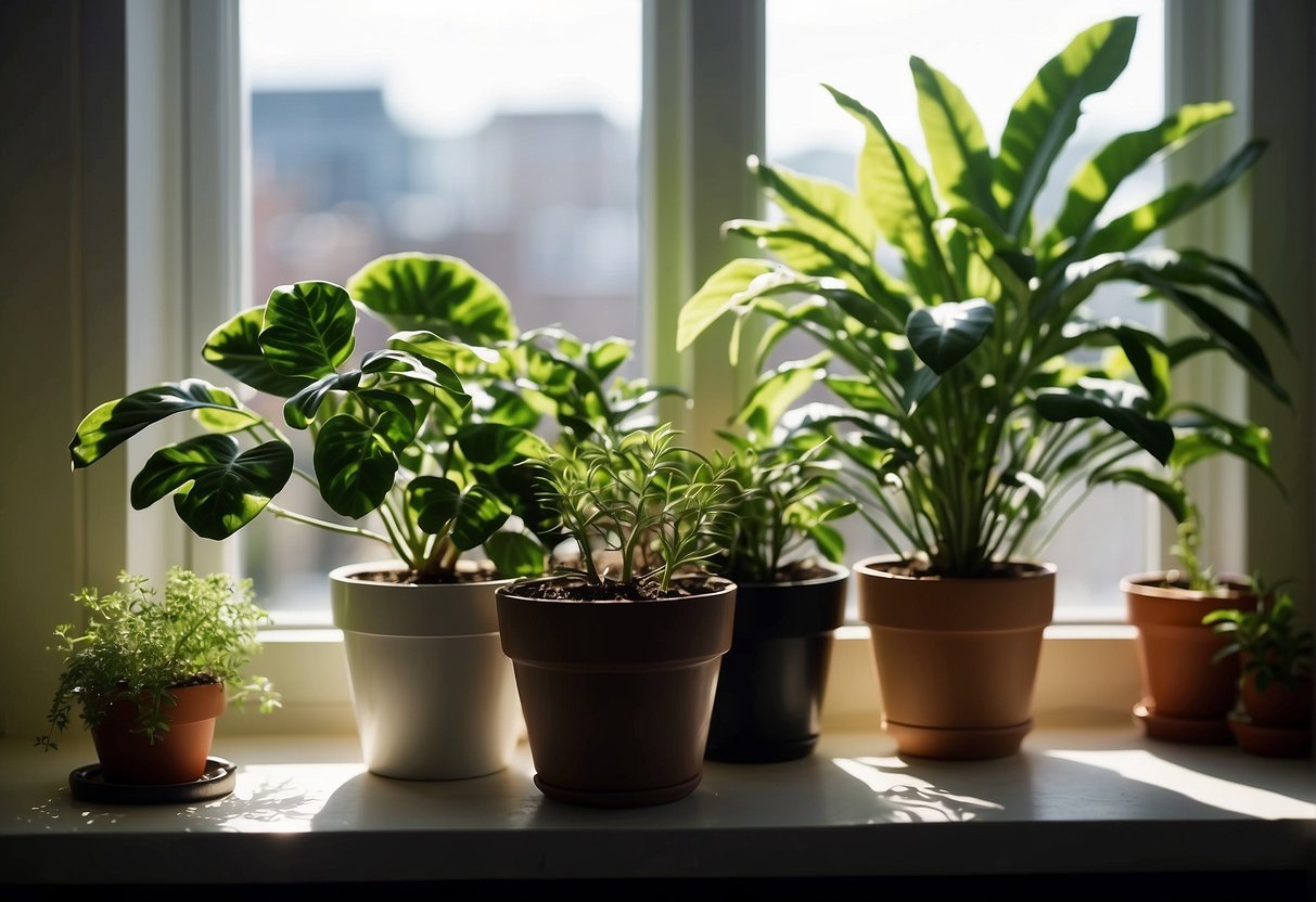 Lush green houseplants sit on a sunny windowsill, soaking up the minimal attention they need to thrive