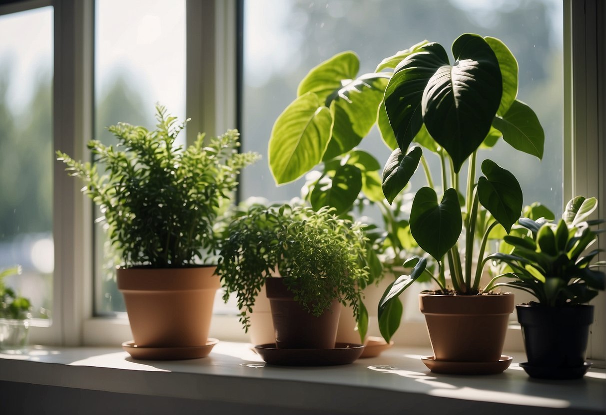 Lush green houseplants arranged on a sunny windowsill, thriving with minimal care. A variety of shapes and sizes, adding life to the room