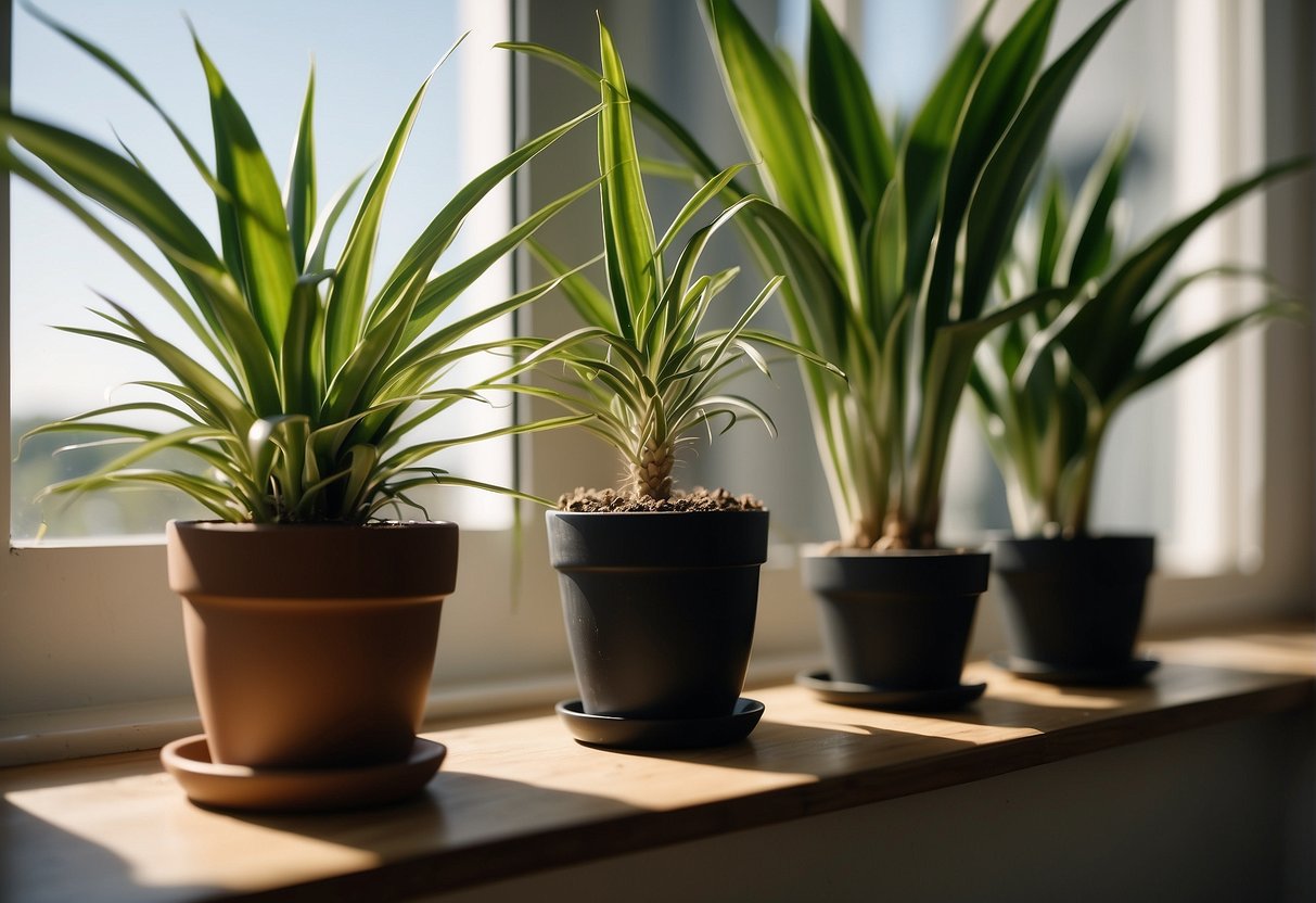 Lush green houseplants sit on a sunny windowsill, untouched and thriving with minimal care. A spider plant cascades from a hanging pot, while a snake plant stands tall and sturdy in the corner