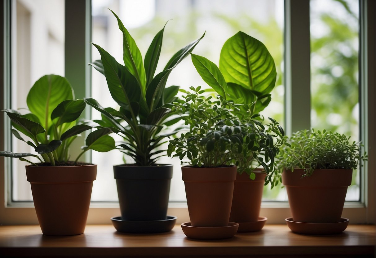 Lush green foliage of easy-care houseplants in various pots, placed on a sunny windowsill with minimal attention needed