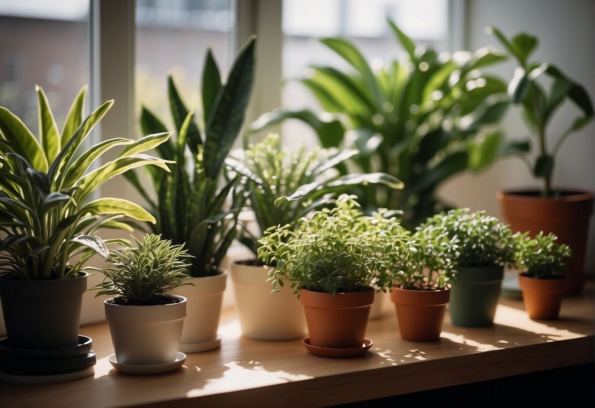 A variety of healthy, low-maintenance houseplants in a well-lit room with minimal clutter and a few basic gardening tools nearby