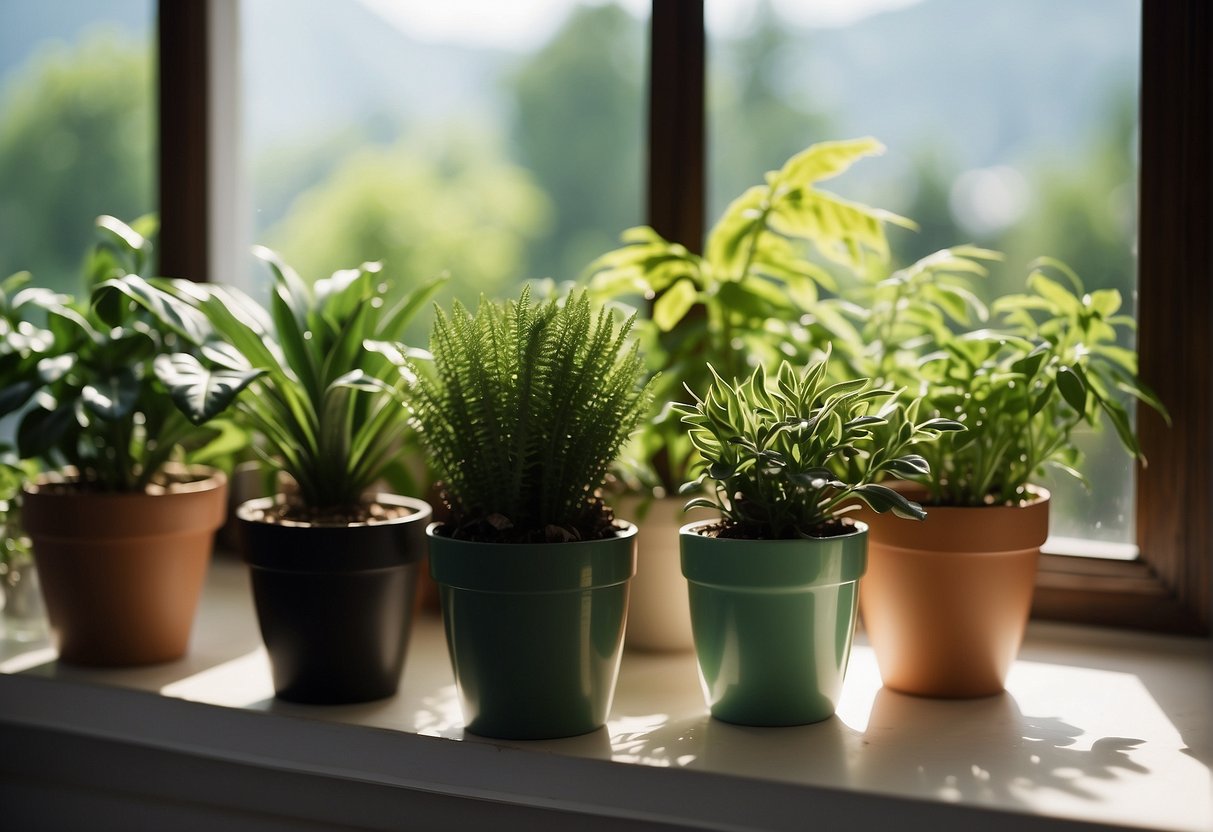 Lush green houseplants sit on a sunny windowsill, thriving with minimal care. They bring a sense of calm and natural beauty to the room
