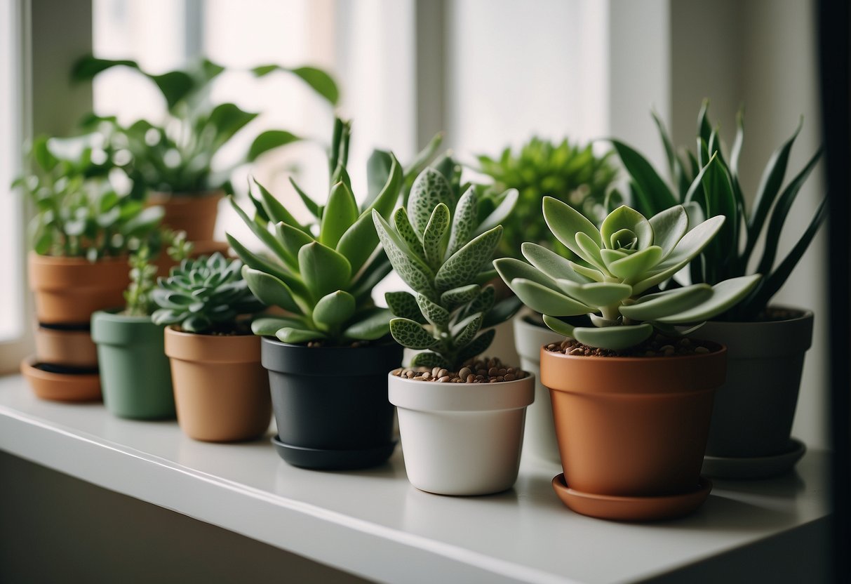 A variety of low-maintenance houseplants arranged on a windowsill, including succulents, snake plants, and pothos, with minimal clutter in the background