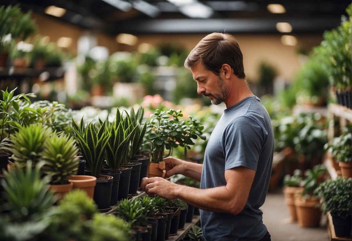 A person browsing a variety of small, low-maintenance houseplants at a garden center, carefully selecting beginner-friendly options