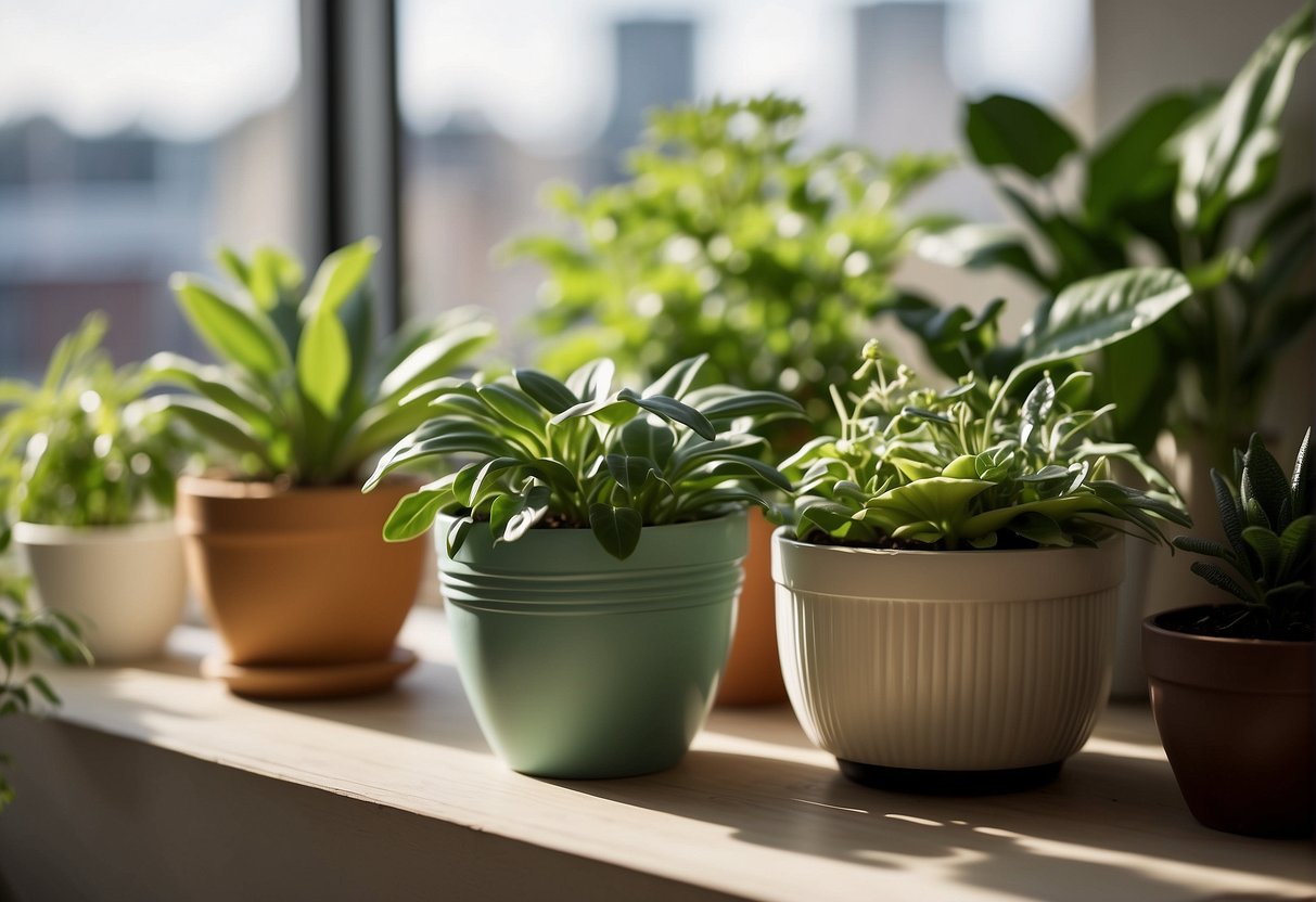 A variety of low-maintenance houseplants sit on a sunny windowsill, each in its own decorative pot. The plants are thriving, showing healthy green leaves and vibrant flowers