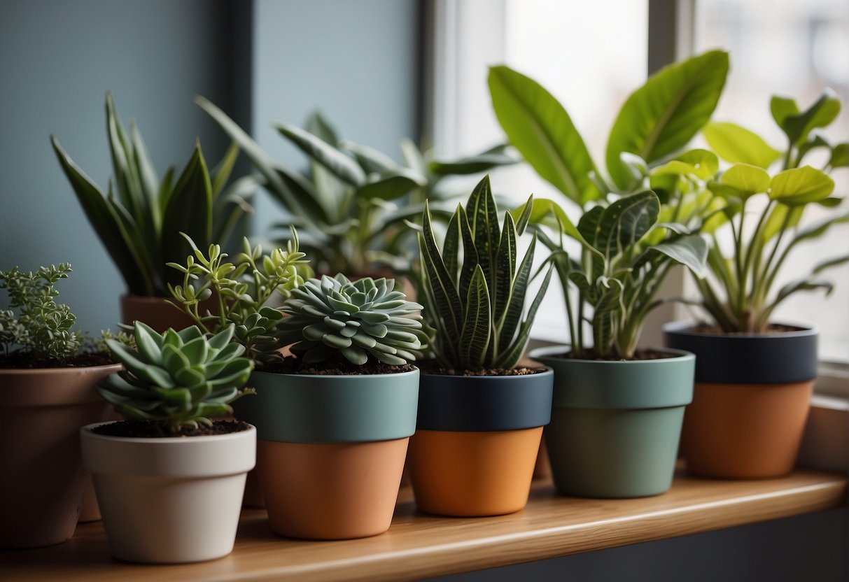 A variety of houseplants in pots of different sizes and colors, arranged on a windowsill or shelf. Some plants may have wilted leaves or dry soil, while others appear healthy and thriving