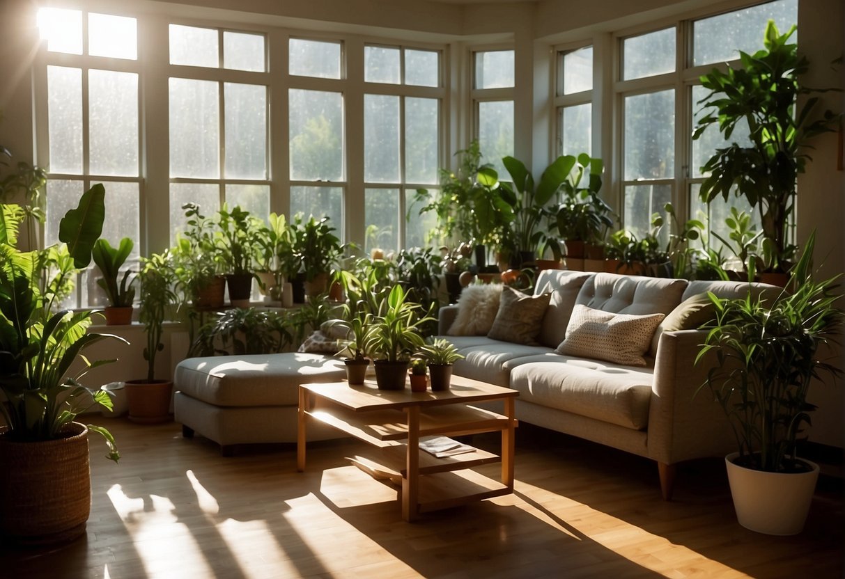 A cozy living room with a variety of houseplants arranged on shelves and tables. Sunlight streams in through the window, illuminating the greenery