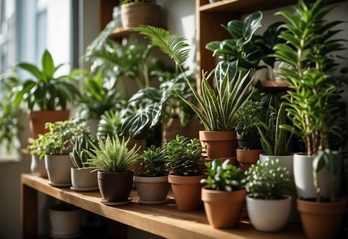 Vibrant array of manageable houseplants, varying in size and shape, nestled on shelves and tables in a cozy, sunlit room
