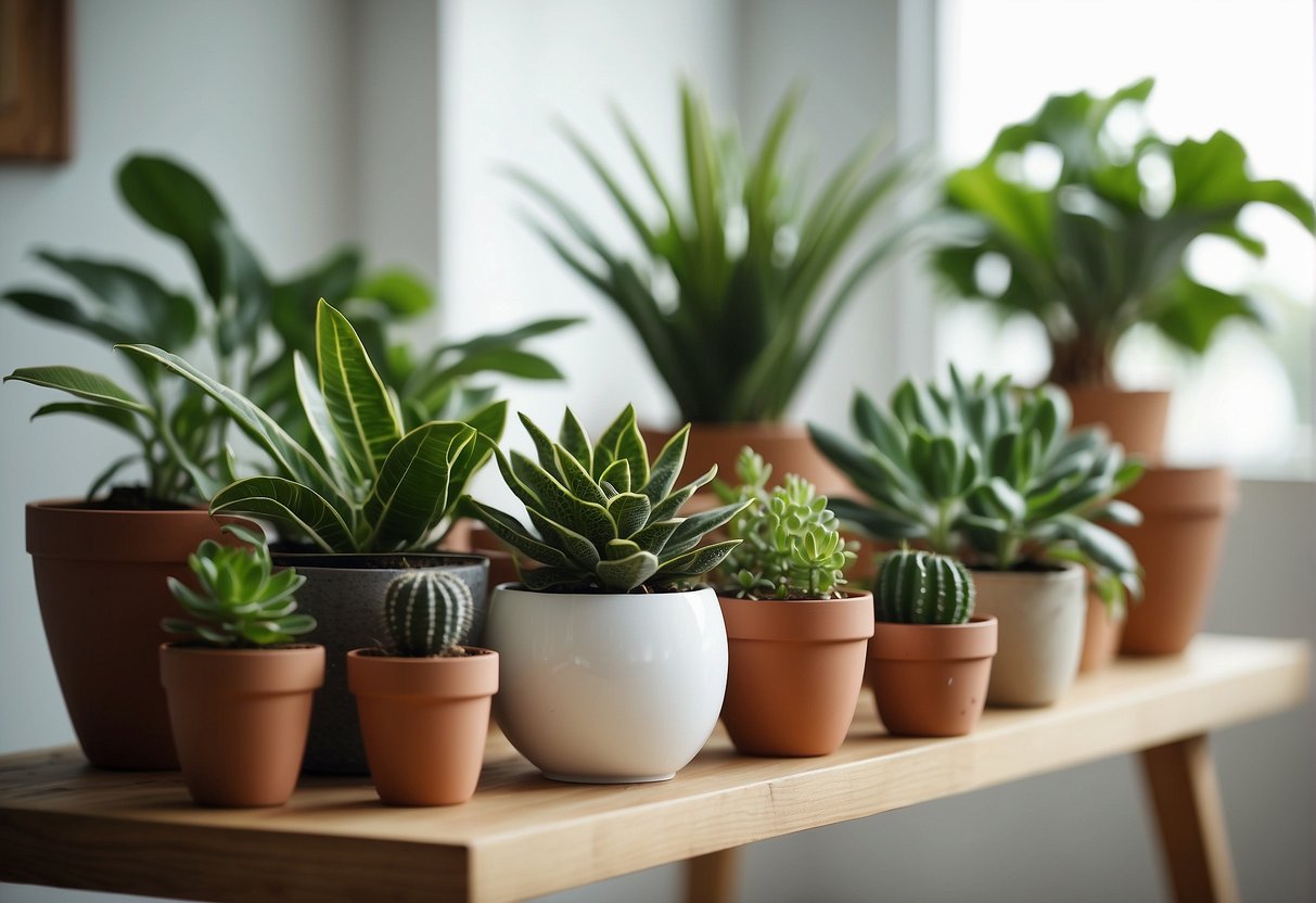 A variety of houseplants in pots, arranged on a table. Some are small and easy to care for, while others are larger and more intricate. The table is placed in a bright, airy room with lots of natural light